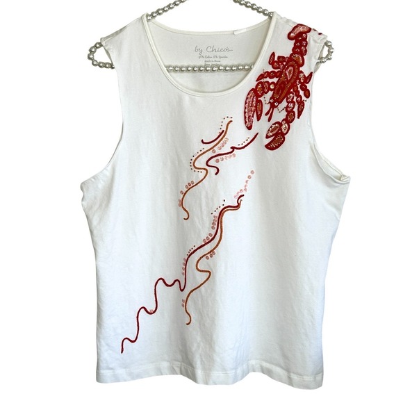 Chico's Tops - Chicos Beaded Sequin Lobster Tank Top Sz 2 Large Beachy Coastal Embroidered Flaw